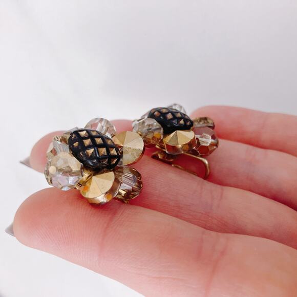 VTG Signed Vendome Mid Century Gold Tone Glass Bead Clip On Earrings 50s Cluster - Picture 2 of 10